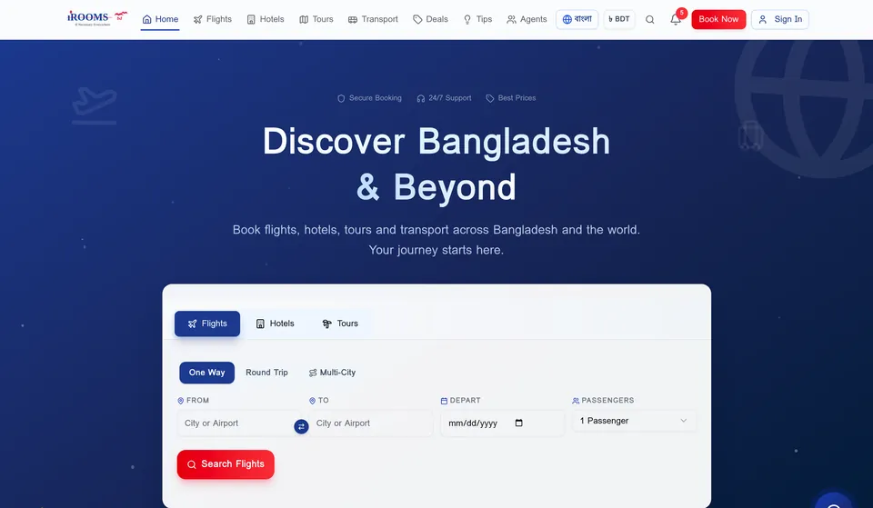 IRoomsBD home page with flight, hotel and tour search